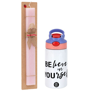 Believe in your self, Easter Set, Children's thermal stainless steel water bottle with safety straw, pink/purple (350ml) & Easter scented flat candle (30cm) (PINK)