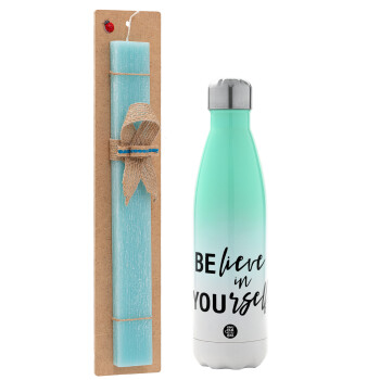 Believe in your self, Easter Set, Metallic green/white thermos (Stainless steel), double-walled, 500ml & scented flat Easter candle (30cm) (TURQUOISE)