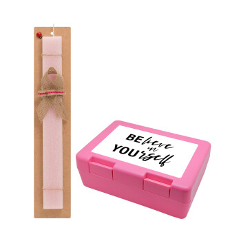 Believe in your self, Easter Set, children's snack container PINK & scented flat Easter candle (30cm) (PINK)