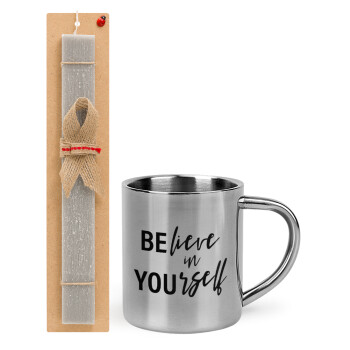 Believe in your self, Easter Set, metallic thermal cup (300ml) & Easter aromatic flat candle (30cm) (GRAY)