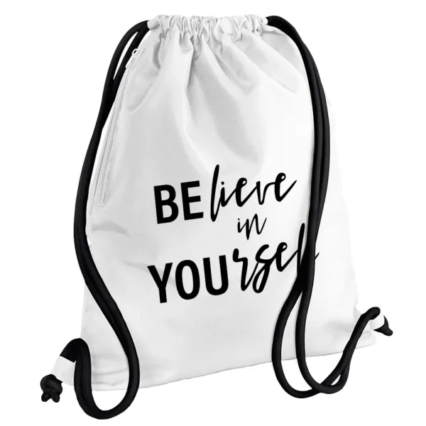 Believe in your self — Backpack pouch GYMBAG white, with pocket (40x48cm) & thick cords