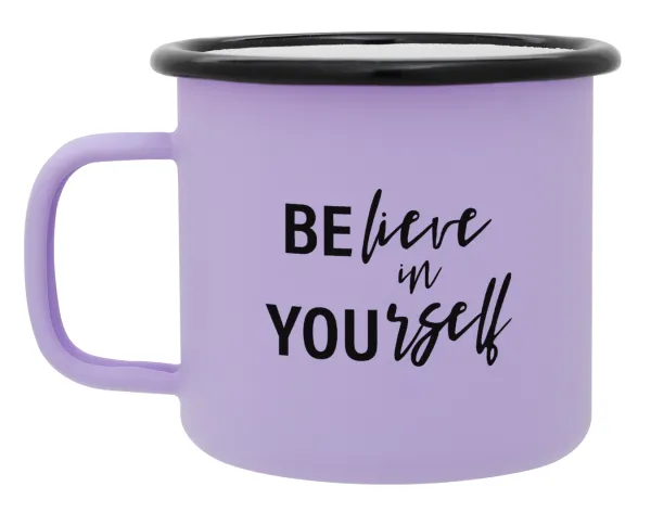Believe in your self — Metal enamel mug, matte light pastel purple, 360ml