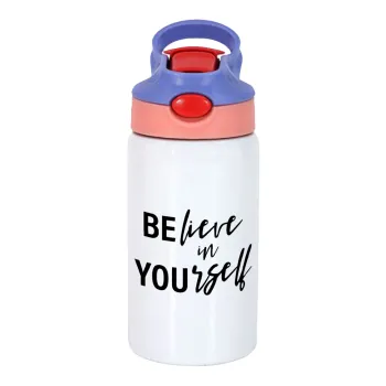 Believe in your self, Children's hot water bottle, stainless steel, with safety straw, pink/purple (350ml)