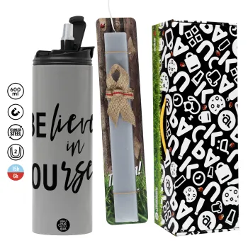 Believe in your self, Πασχαλινή Λαμπάδα με Travel Tumbler θερμό (600ml, BPA free) & κερί αρωματικό πλακέ (30cm) (ΓΚΡΙ)