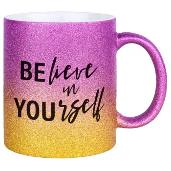 Believe in your self, Κούπα Χρυσή/Ροζ Glitter, κεραμική, 330ml