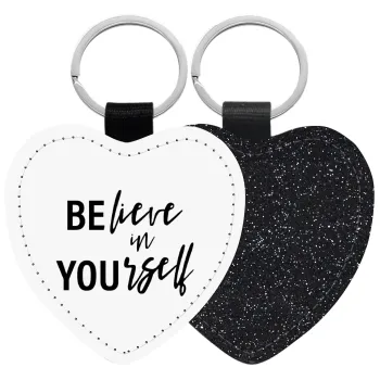 Believe in your self, Μπρελόκ PU δερμάτινο glitter καρδιά ΜΑΥΡΟ