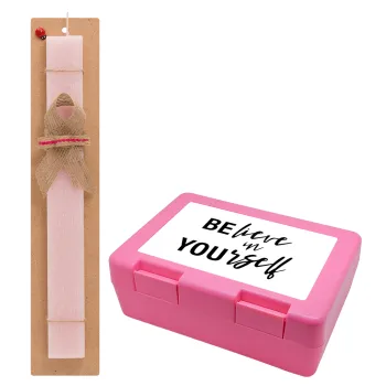 Believe in your self, Easter Set, children's snack container PINK & scented flat Easter candle (30cm) (PINK)