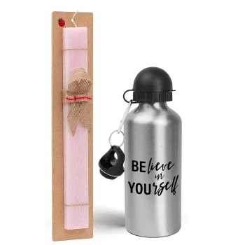 Believe in your self, Easter Set, metallic Silver aluminum water bottle (500ml) & scented flat Easter candle (30cm) (PINK)
