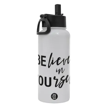 Believe in your self, Metal mug thermo White with Straw and Spout Lid (Stainless steel), double wall, 950ml