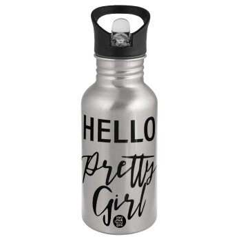 Hello pretty girl, Water bottle Silver with straw, stainless steel 500ml