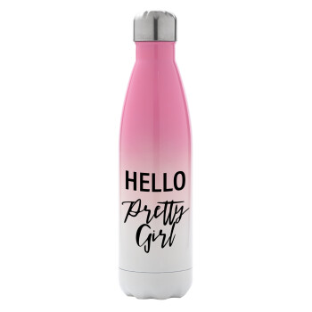 Hello pretty girl, Μεταλλικό παγούρι θερμός Ροζ/Λευκό (Stainless steel), διπλού τοιχώματος, 500ml