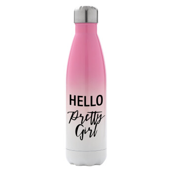 Hello pretty girl, Μεταλλικό παγούρι θερμός Ροζ/Λευκό (Stainless steel), διπλού τοιχώματος, 500ml
