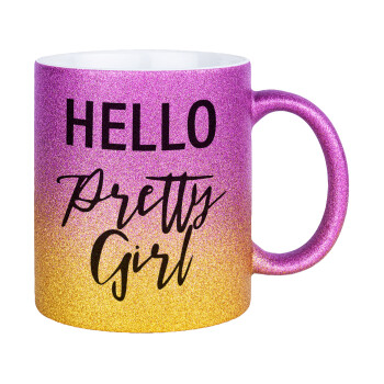 Hello pretty girl, Κούπα Χρυσή/Ροζ Glitter, κεραμική, 330ml
