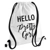 Hello pretty girl, Τσάντα πλάτης πουγκί GYMBAG λευκή, με τσέπη (40x48cm) & χονδρά κορδόνια