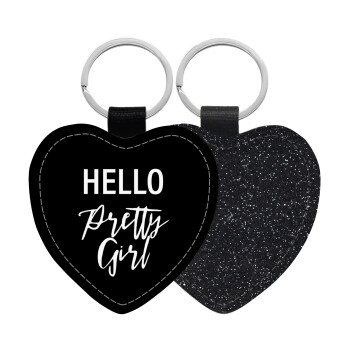 Hello pretty girl, Μπρελόκ PU δερμάτινο glitter καρδιά ΜΑΥΡΟ