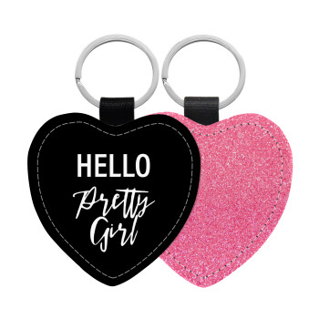 Hello pretty girl, Μπρελόκ PU δερμάτινο glitter καρδιά ΡΟΖ