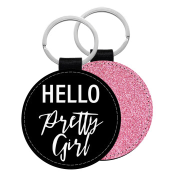 Hello pretty girl, Μπρελόκ Δερματίνη, στρογγυλό ΡΟΖ (5cm)