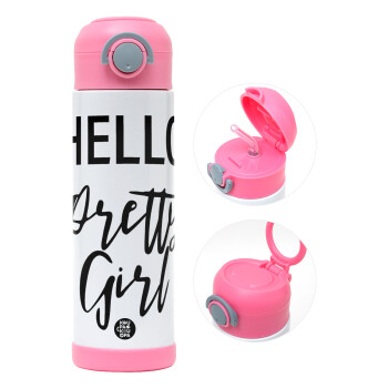 Hello pretty girl, Children's hot water bottle, stainless steel, with safety straw, PINK (500ml)