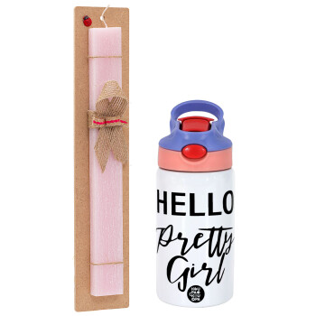 Hello pretty girl, Easter Set, Children's thermal stainless steel water bottle with safety straw, pink/purple (350ml) & Easter scented flat candle (30cm) (PINK)