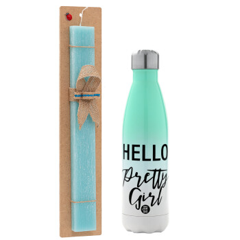 Hello pretty girl, Easter Set, Metallic green/white thermos (Stainless steel), double-walled, 500ml & scented flat Easter candle (30cm) (TURQUOISE)