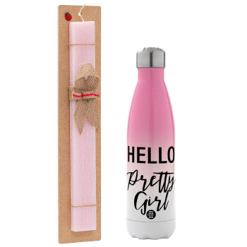 Hello pretty girl, Easter Set, Metallic pink/white (Stainless steel) thermos, double-walled, 500ml & aromatic flat Easter candle (30cm) (PINK)