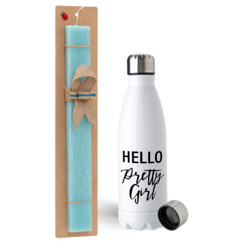 Hello pretty girl, Easter Set, metallic stainless steel water bottle (750ml) & aromatic flat Easter candle (30cm) (TURQUOISE)
