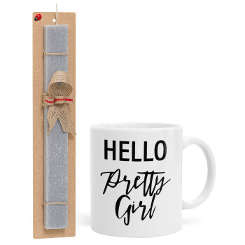 Hello pretty girl, Πασχαλινό Σετ, Κούπα κεραμική (330ml) & πασχαλινή λαμπάδα αρωματική πλακέ (30cm) (ΓΚΡΙ)