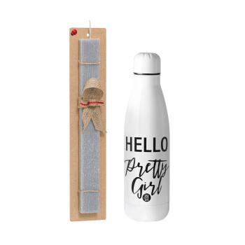 Hello pretty girl, Easter Set, metallic stainless thermos bottle (500ml) & scented flat Easter candle (30cm) (GRAY)