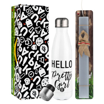 Hello pretty girl, Easter candle, metallic white thermos bottle (500ml) & aromatic flat candle (30cm) (GRAY)