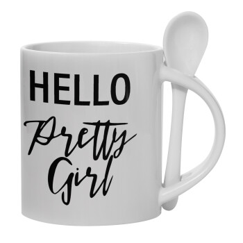 Hello pretty girl, Ceramic coffee mug with Spoon, 330ml (1pcs)