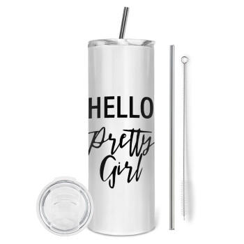 Hello pretty girl, Eco friendly stainless steel tumbler 600ml, with metal straw & cleaning brush