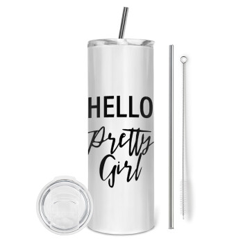 Hello pretty girl, Tumbler ποτήρι θερμό από ανοξείδωτο ατσάλι 600ml, με μεταλλικό καλαμάκι & βούρτσα καθαρισμού