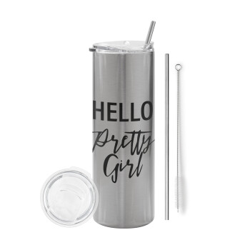 Hello pretty girl, Eco friendly stainless steel Silver tumbler 600ml, with metal straw & cleaning brush