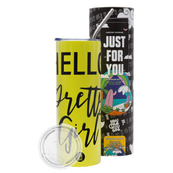 Hello pretty girl, Neon Yellow Travel Tumbler, with metal straw (Stainless steel 304 Food grade, BPA free, 600ml)