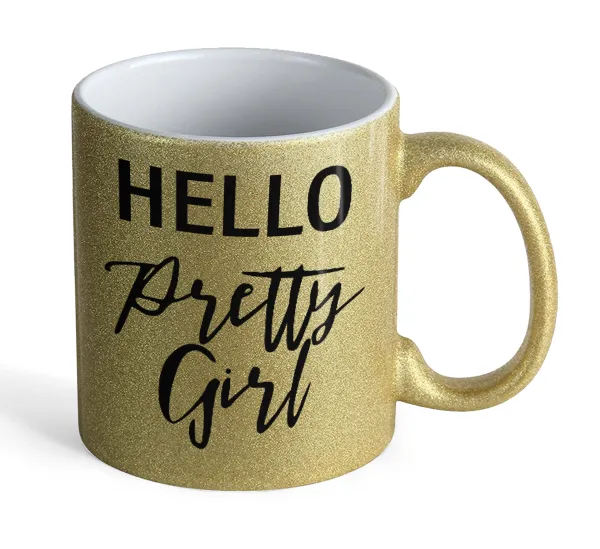 Hello pretty girl — Gold glitter mug that sparkles, ceramic, 330ml