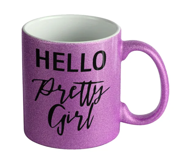 Hello pretty girl — Κούπα Μωβ Glitter που γυαλίζει, κεραμική, 330ml