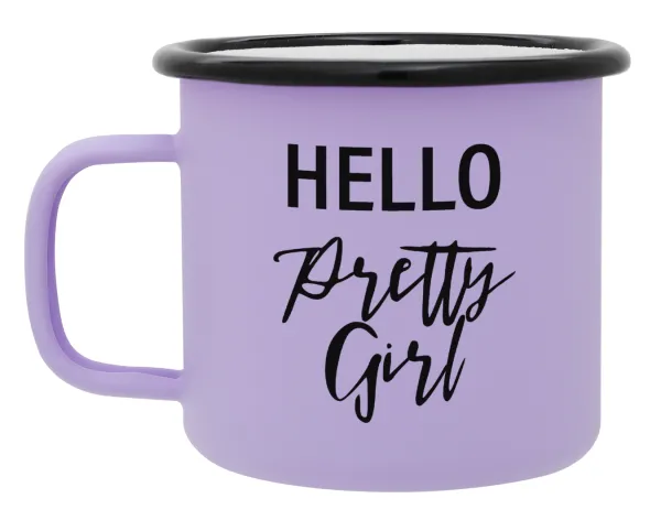 Hello pretty girl — Metal enamel mug, matte light pastel purple, 360ml