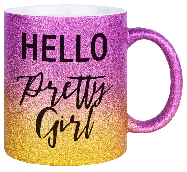 Hello pretty girl — Gold/pink glitter mug, ceramic, 330ml