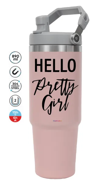 Hello pretty girl — PINK Travel Tumbler with Handle 890ml