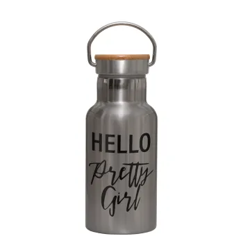 Hello pretty girl, Stainless steel metallic thermos flask, silver with a bamboo lid, double-walled, 350ml.