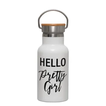 Hello pretty girl, Metallic thermos (Stainless steel) White with wooden lid (bamboo), double-walled, 350ml