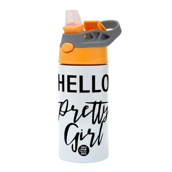 Hello pretty girl, Παιδικό παγούρι θερμό, ανοξείδωτο, με καλαμάκι ασφαλείας, Πορτοκαλί/Γκρι (360ml) BPA-FREE