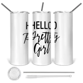 Hello pretty girl, Tumbler ποτήρι θερμό από ανοξείδωτο ατσάλι 600ml, με μεταλλικό καλαμάκι & βούρτσα καθαρισμού