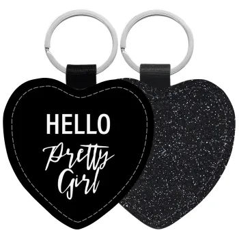 Hello pretty girl, Μπρελόκ PU δερμάτινο glitter καρδιά ΜΑΥΡΟ