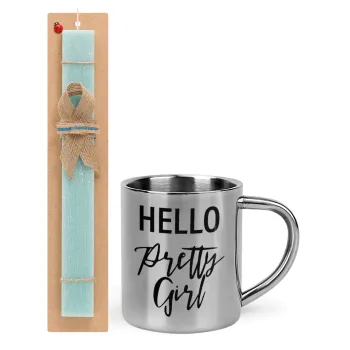 Hello pretty girl, Easter Set, metallic thermal cup (300ml) & aromatic flat Easter candle (30cm) (TURQUOISE)