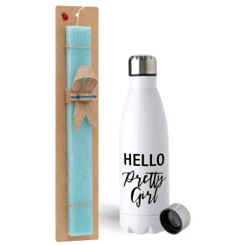 Hello pretty girl, Easter Set, metallic stainless steel water bottle (750ml) & aromatic flat Easter candle (30cm) (TURQUOISE)