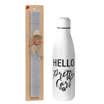 Hello pretty girl, Easter Set, metallic stainless thermos bottle (500ml) & scented flat Easter candle (30cm) (GRAY)