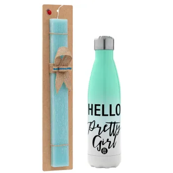 Hello pretty girl, Easter Set, Metallic green/white thermos (Stainless steel), double-walled, 500ml & scented flat Easter candle (30cm) (TURQUOISE)
