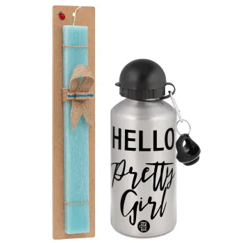 Hello pretty girl, Easter Set, metallic silver aluminum water bottle (500ml) & scented flat Easter candle (30cm) (TURQUOISE)