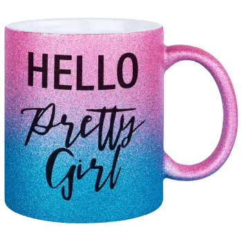 Hello pretty girl, Κούπα Χρυσή/Μπλε Glitter, κεραμική, 330ml